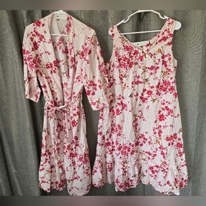 Ella Simone women's Size L Hummingbird Floral robe and long Nightgown Set Pink